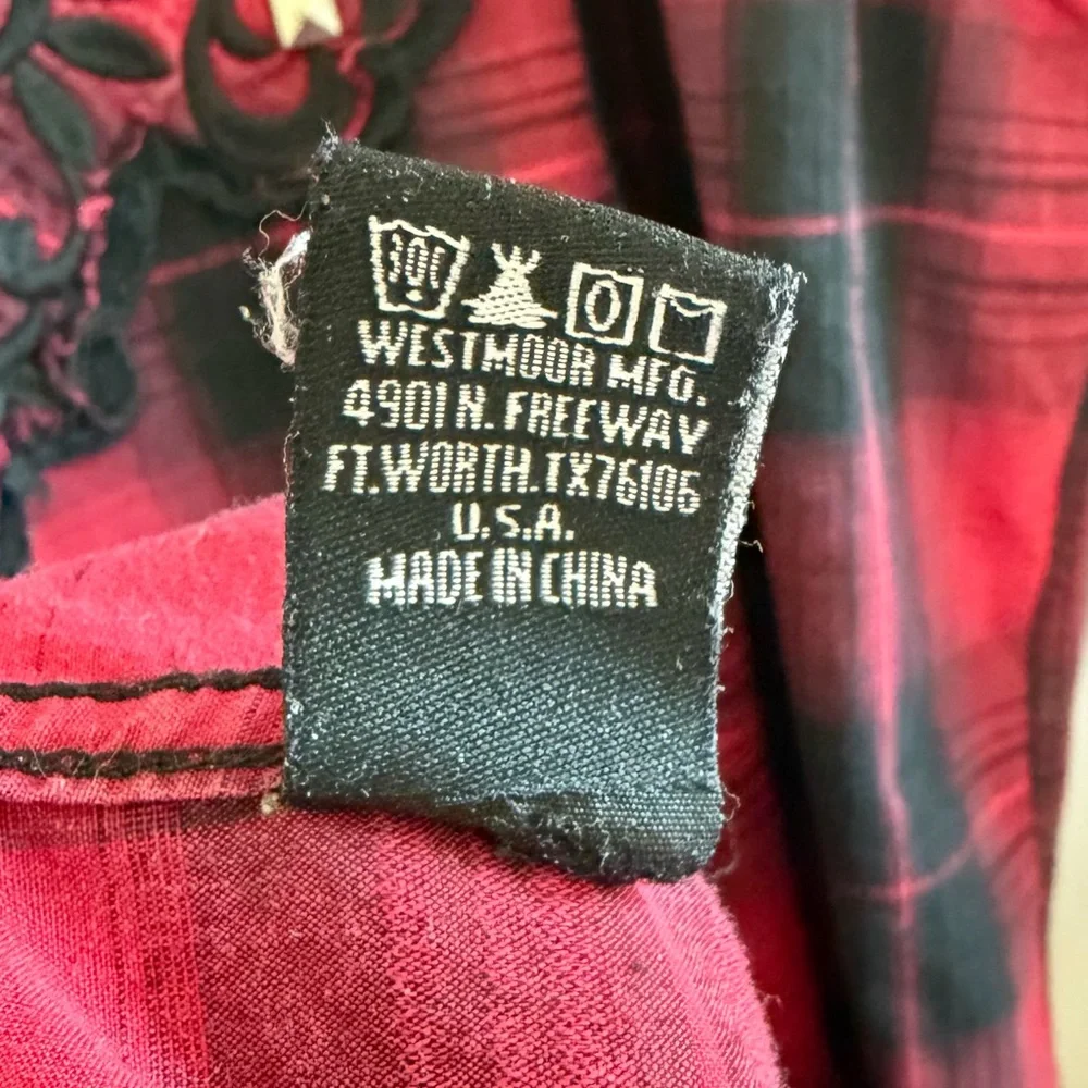 Rock & Roll Cowboy Men XL Red Plaid‎ Long Sleeved Button Down Shirt Embroidered